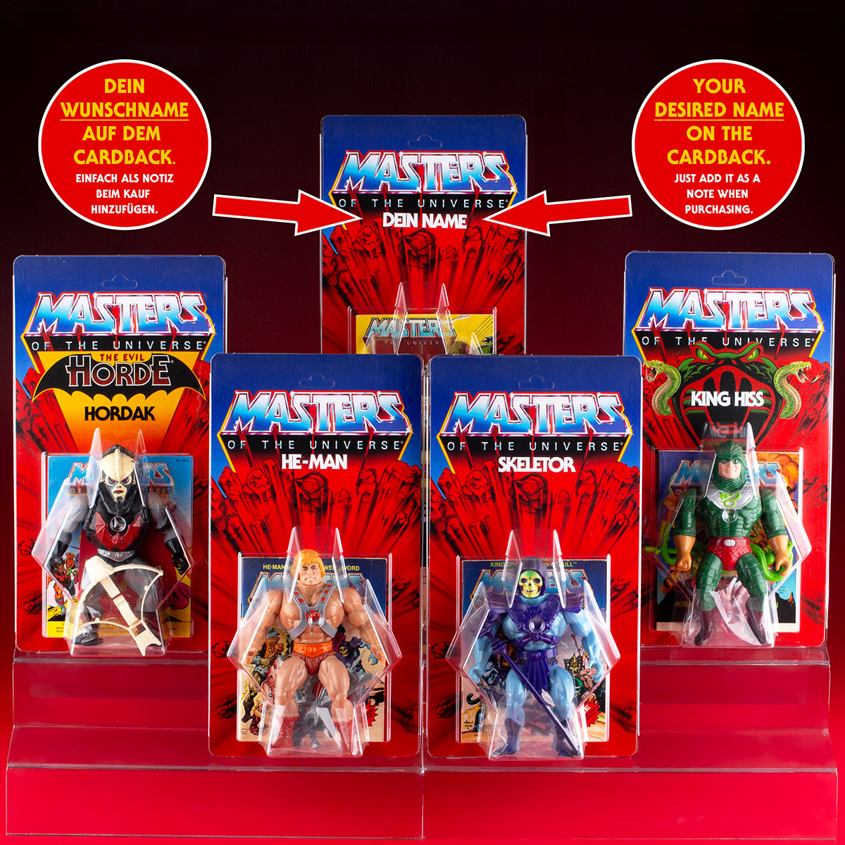 Masters of the Universe Schiebeblister Modell A + US Horde Karte + Name